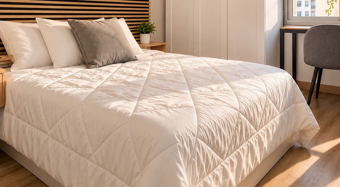 Habitación luminosa con cama doble y armario