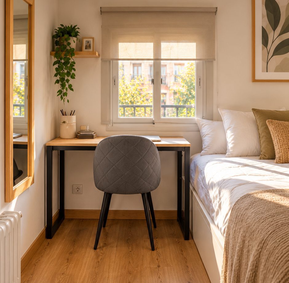 Habitación de coliving con escritorio