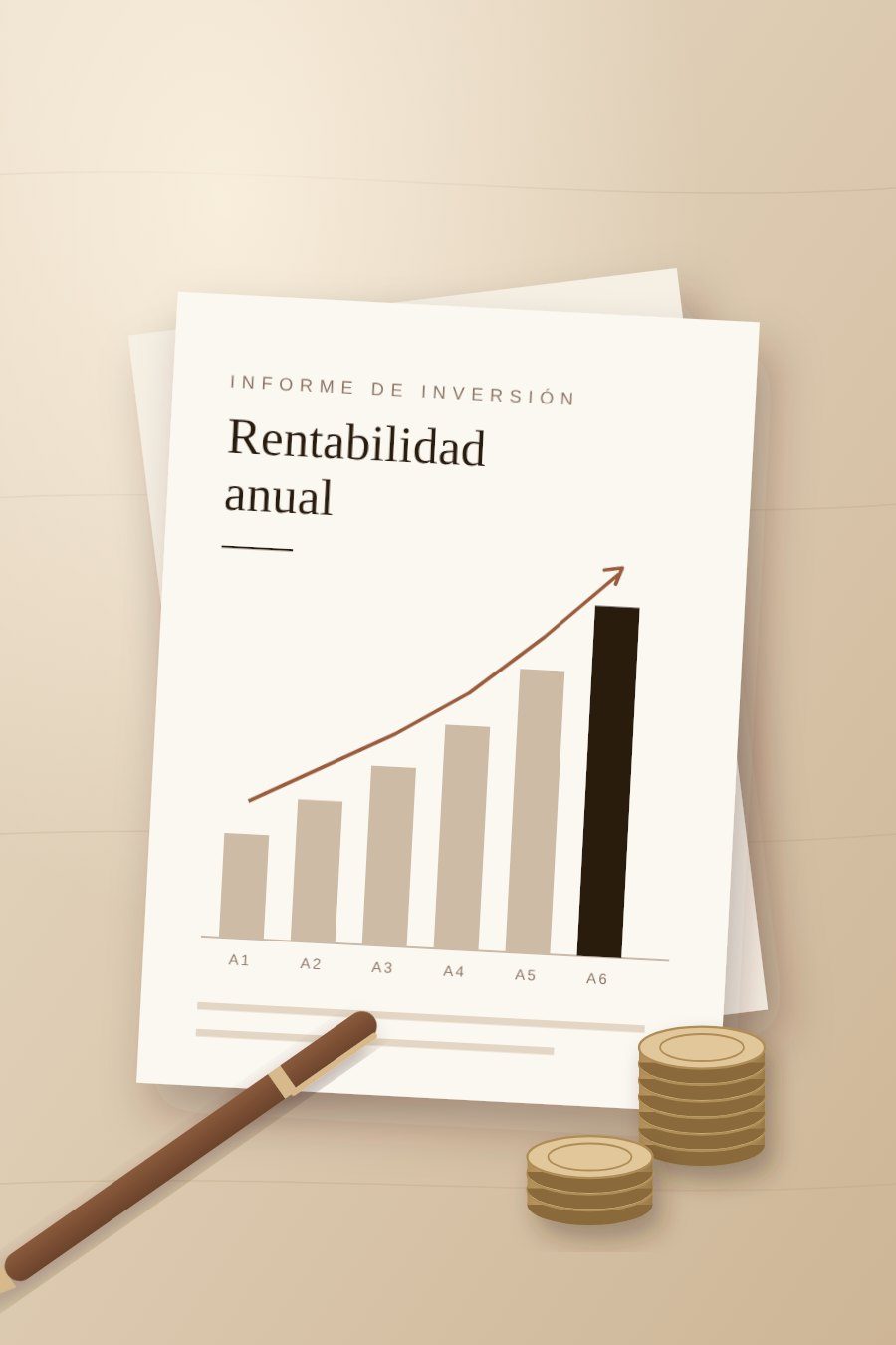Informe de rentabilidad anual con gráfico ascendente y monedas