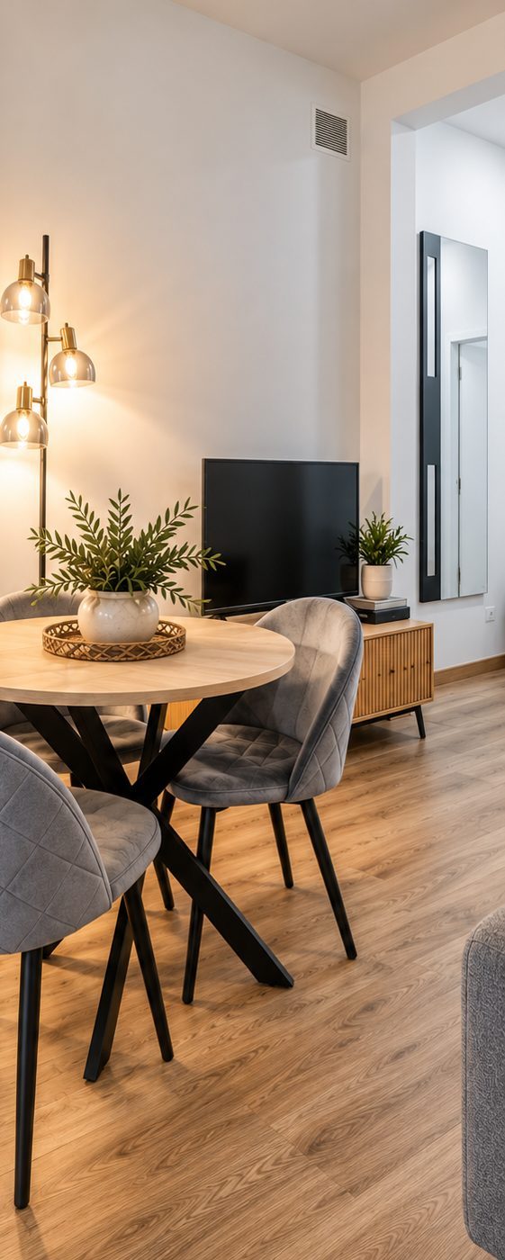Salón con mesa de comedor redonda y zona de estar