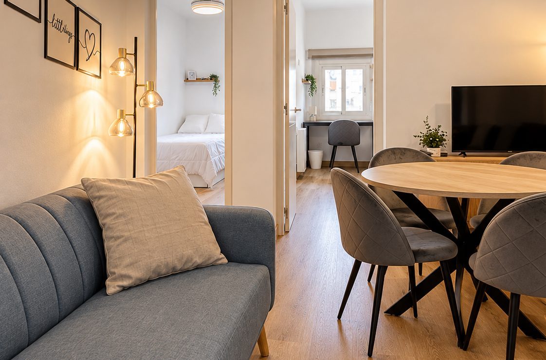 Salón de una vivienda ATA con sofá y mesa de comedor
